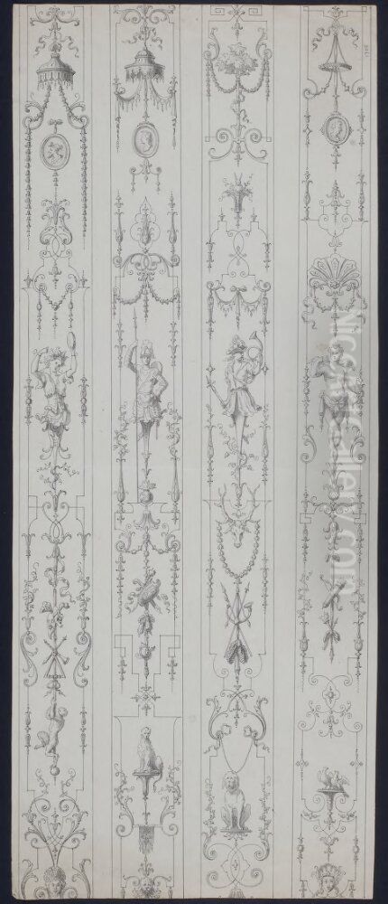 Dekor (bard). Monster till fyra bredvidvarandra stallda barder med karlekens, jaktens, krigets och dansens symboler och emblem Oil Painting by Jean Berain the Elder