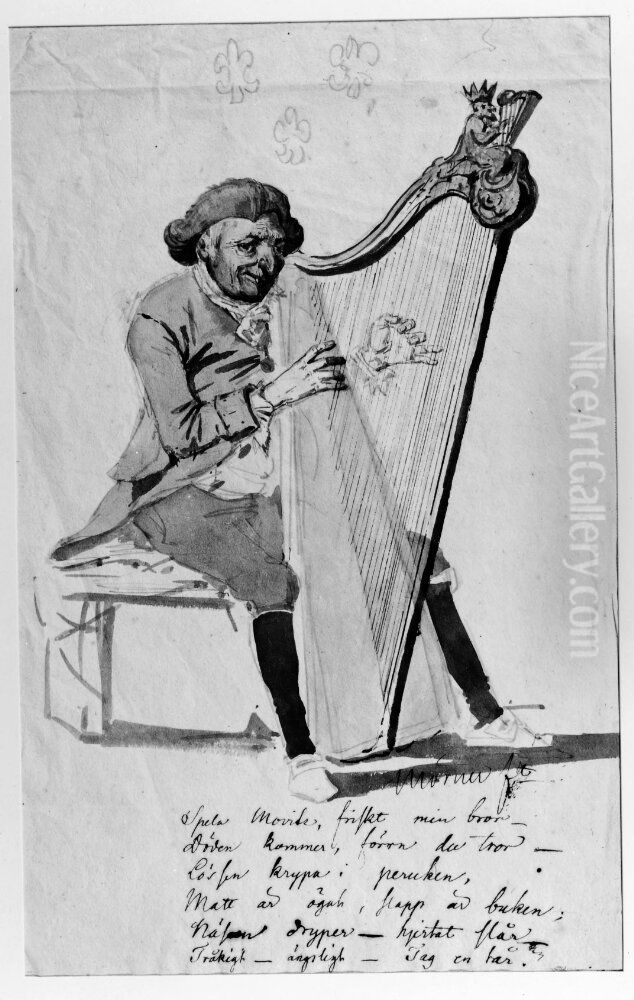 Movitz spelar harpa Oil Painting by Hjalmar Morner