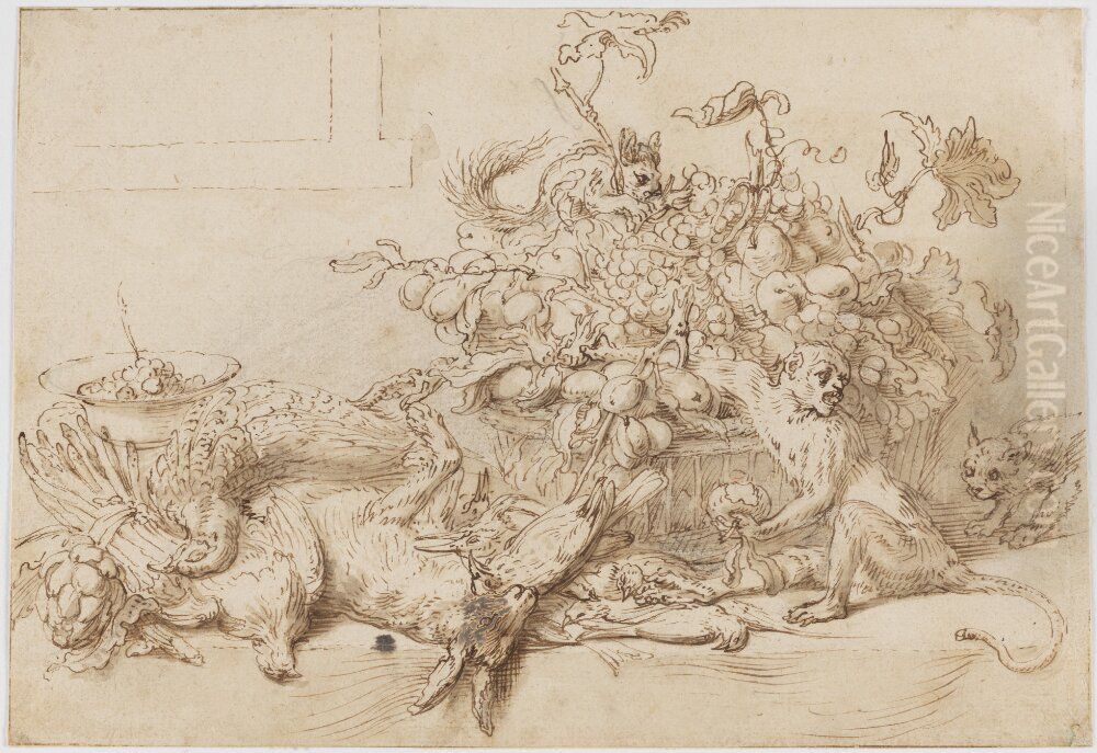 Still Life of Game, Fruit, and Vegetables, with a Monkey, a Squirrel, and a Cat Oil Painting by Frans Snyders
