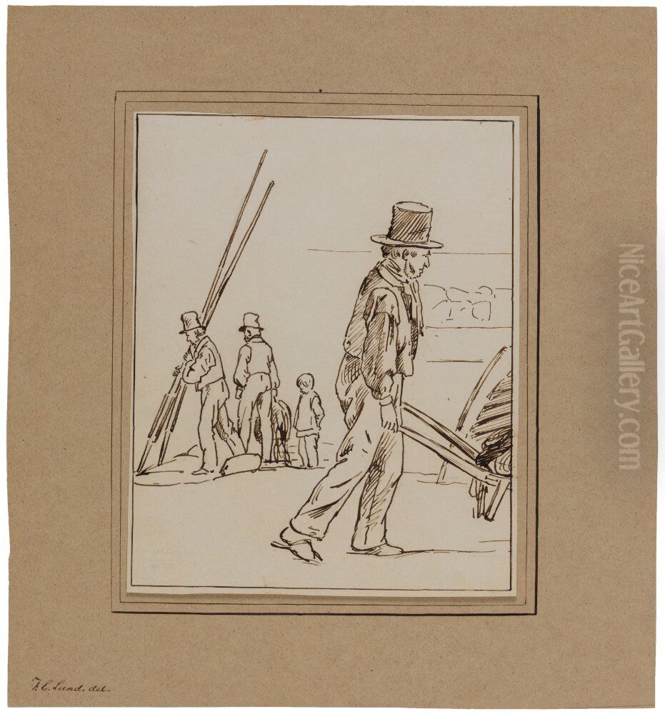Study of a Crowd, A Man Pushing a Wheelbarrow (recto) Oil Painting by Frederik Christian Lund