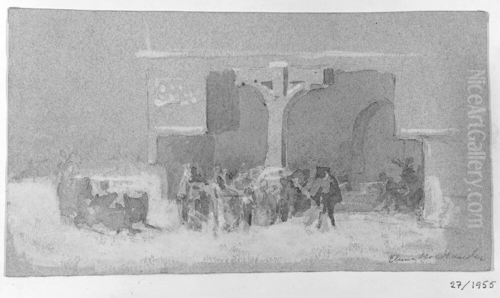 Manniskor i sno kring ett krucifix Oil Painting by Anna Nordlander