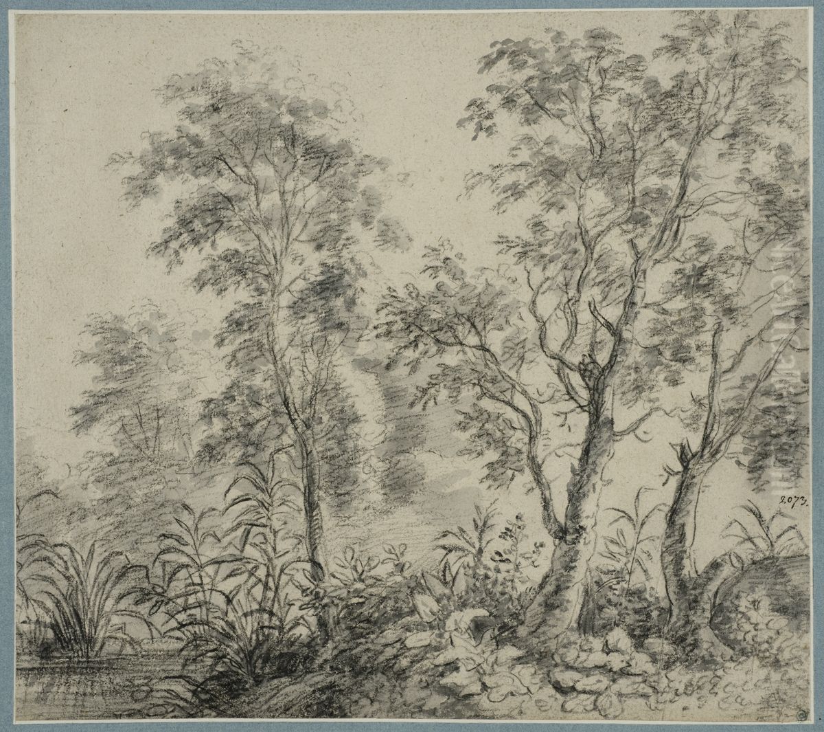 Flodbank med en rad av trad Oil Painting by Antonie Waterloo