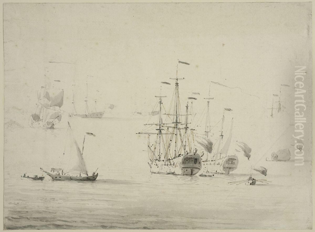 Krigsskepp for ankar Oil Painting by Willem van de Velde the Younger