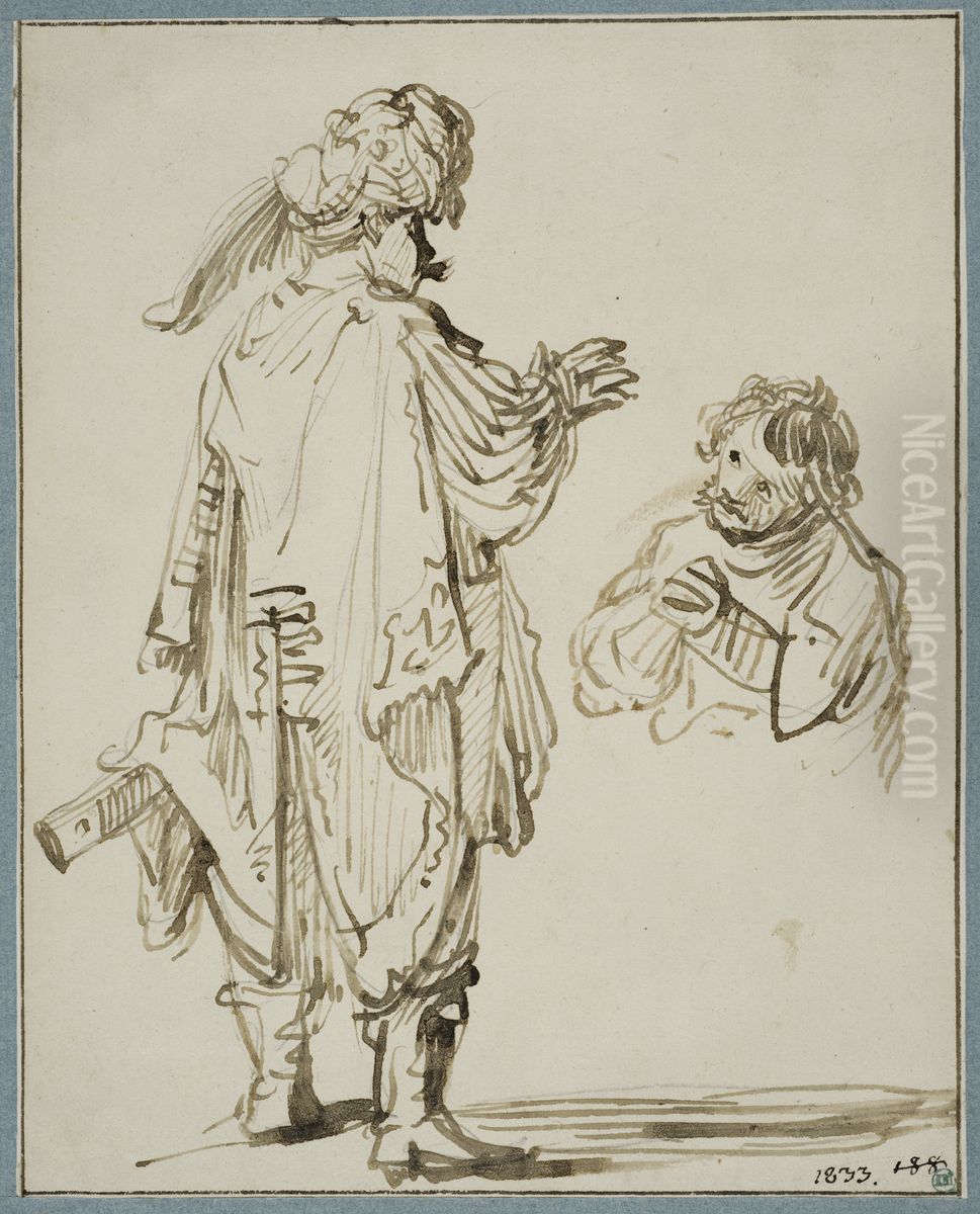 Man i orientalisk drakt gestikulerar at en knabojande man Oil Painting by Rembrandt