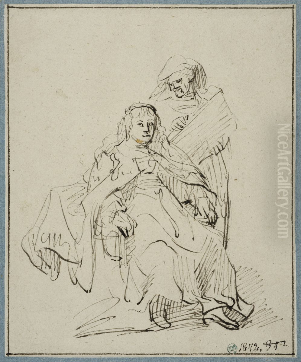 Kvinna vid sin toalett, med en tjanarinna Oil Painting by Rembrandt