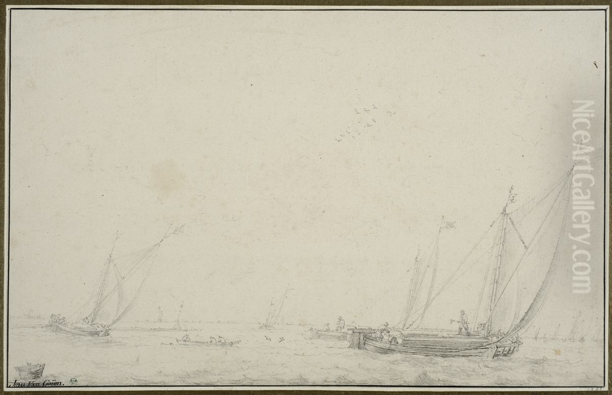 Marint landskap med fiskebatar Oil Painting by Jan Porcellis