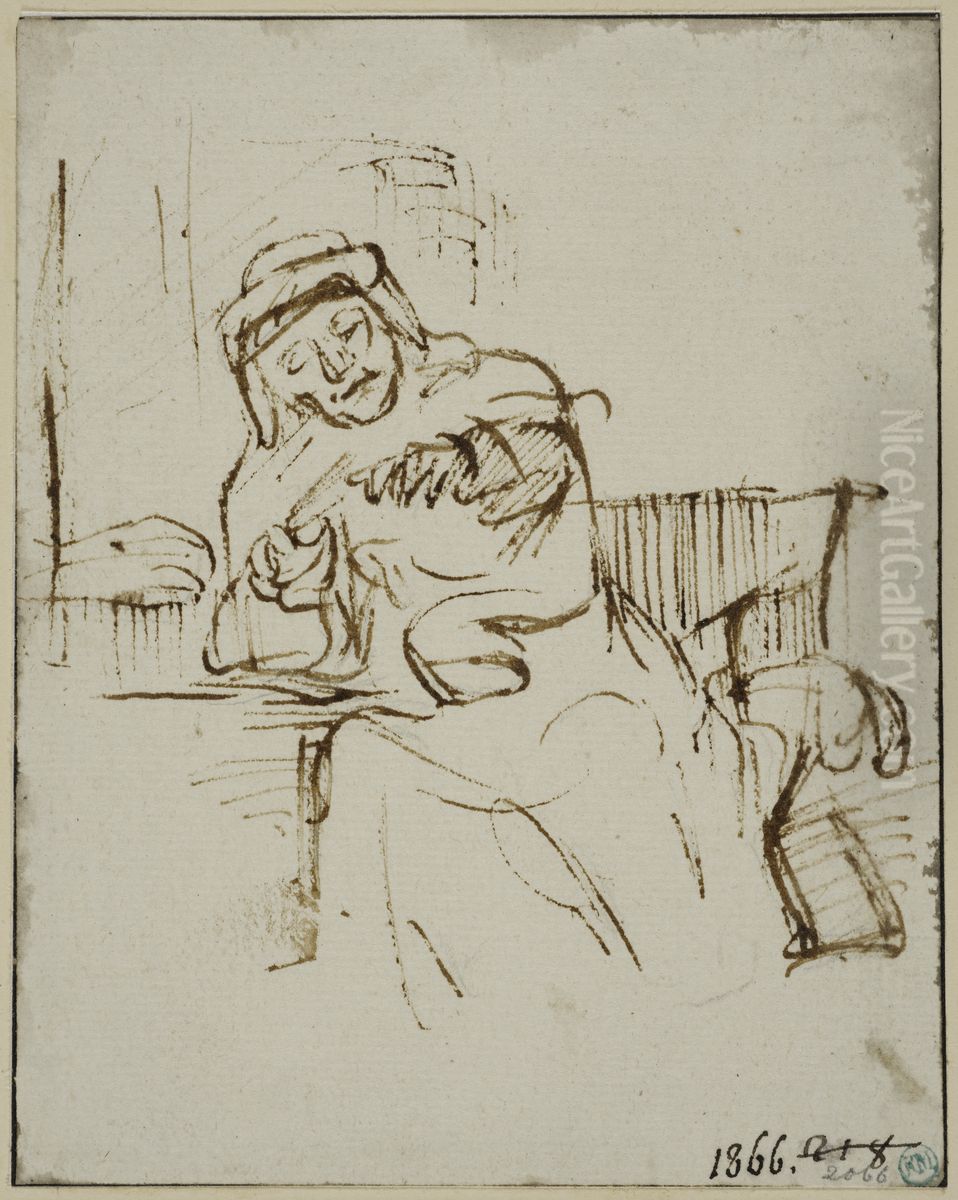 Sittande gammal kvinna klipper naglarna Oil Painting by Karel van der Pluym