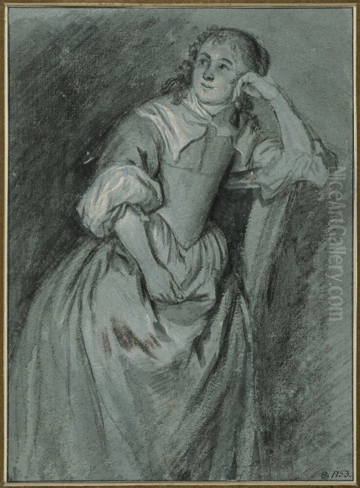 Young Lady Leaning on a Chair Oil Painting by Caspar Netscher