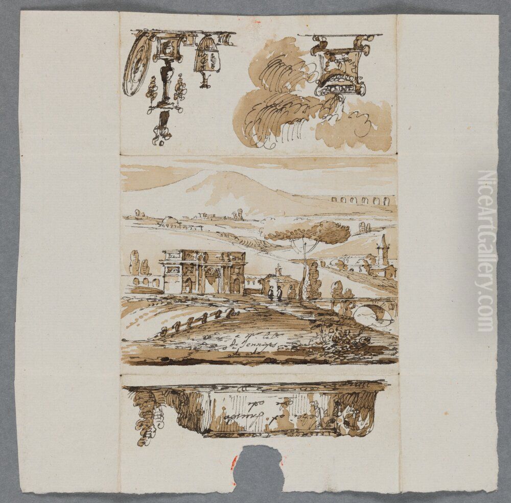 A Triumphal Arch in Pastoral Landscape, a Bathtub, and Classicized Objects Oil Painting by Carl Christoffer Gjorwell the Younger