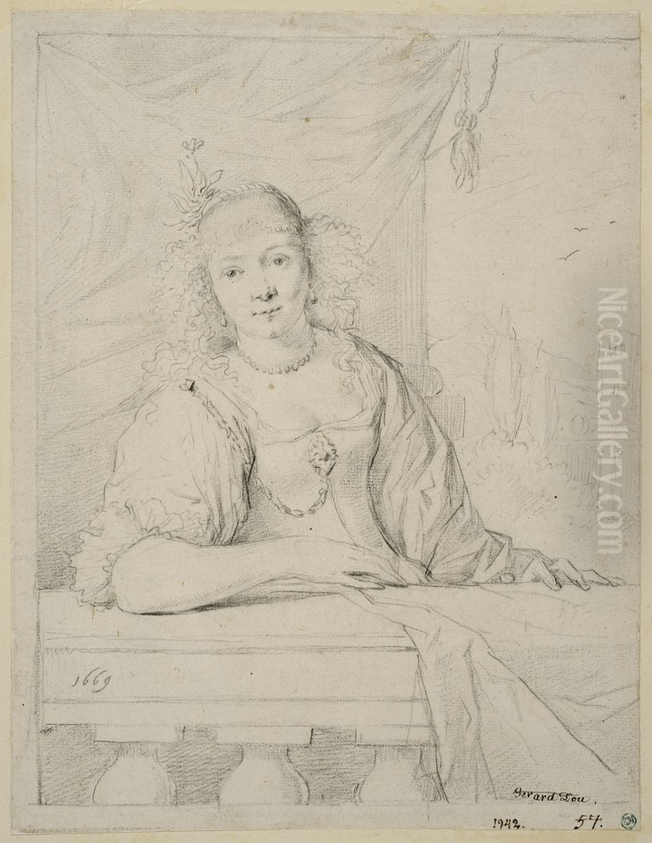 Kvinna bakom en balustrad Oil Painting by Leendert Van Der Cooghen