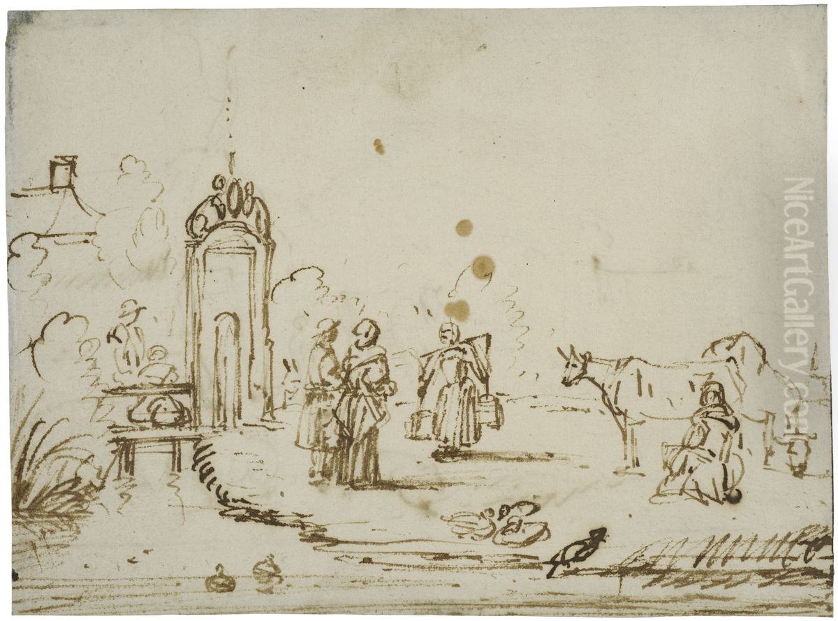 Landskap med kor som mjolkas Oil Painting by Anthonie Van Borssom