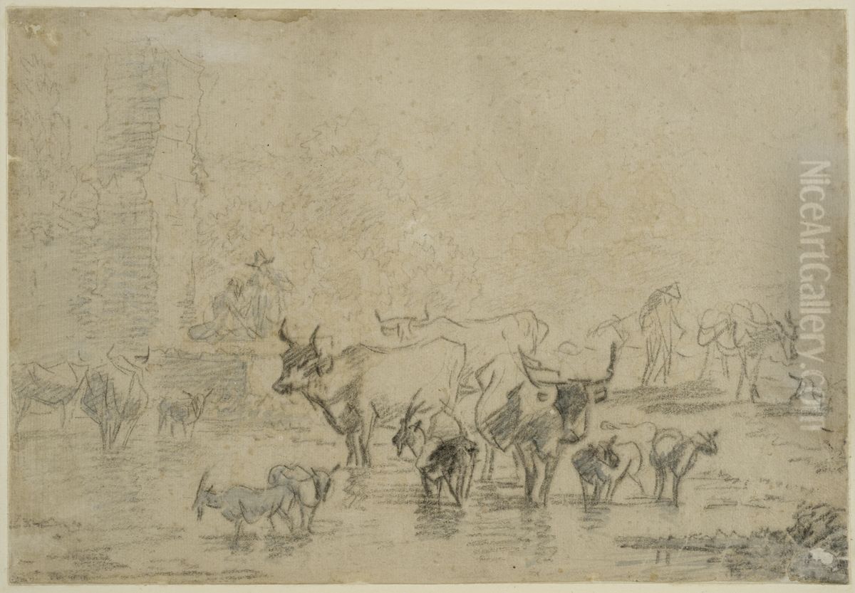 En hjord i en damm nara ruiner Oil Painting by Nicolaes Pieterszoon Berchem