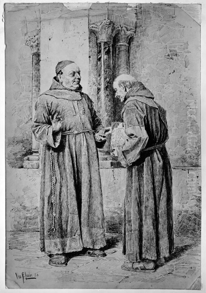 Tva snusande munkar Oil Painting by Vincent Stoltenberg Lerche