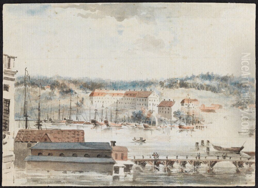 View from Slottsbacken towards Blasieholmen, Ladugardslandet and Fredrikshov Palace Oil Painting by Johan Sevenbom