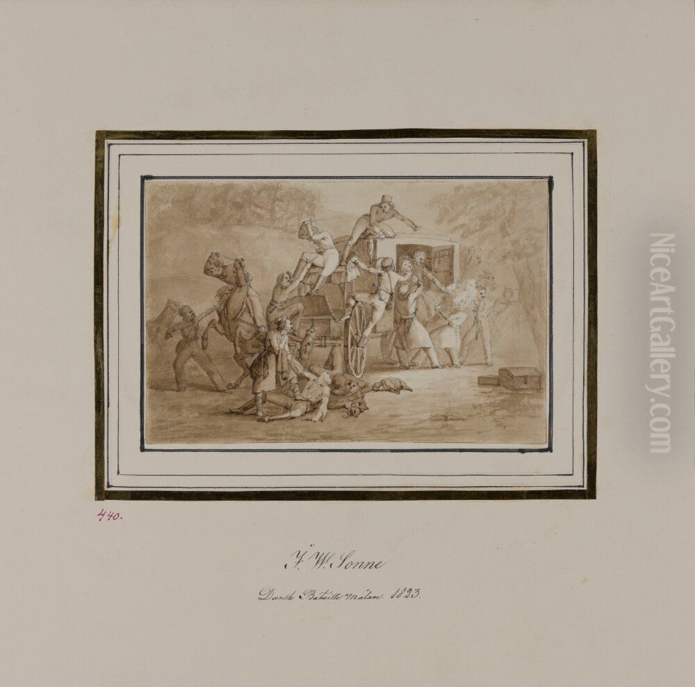 Rovare anfaller en postvagn Oil Painting by Jorgen Valentin Sonne