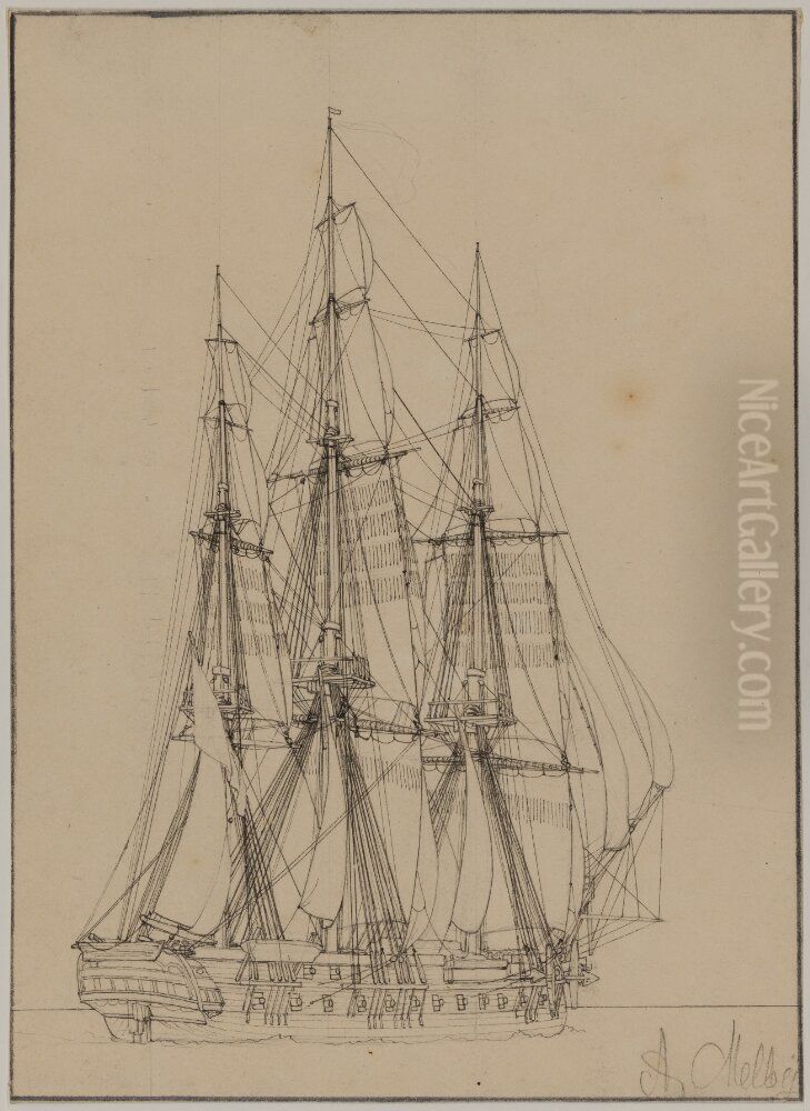 Tremastat segelfartyg Oil Painting by Anton Melbye