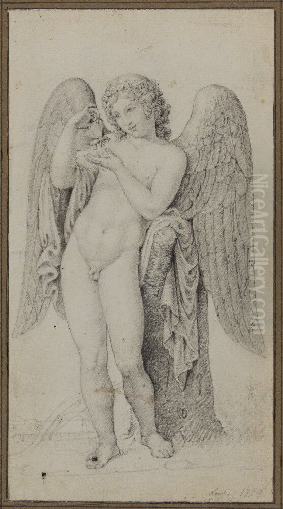 Amor med blomsterkrans, leker med en fjaril Oil Painting by Christian Hansen