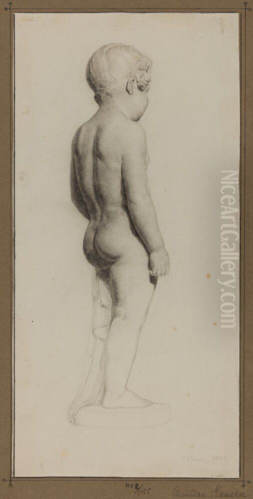 Skulpturskiss, naken gosse sedd snett bakifran pa rund sockel Oil Painting by Christian Hansen