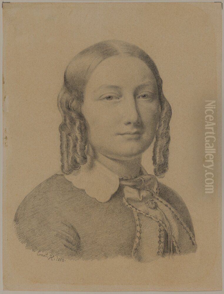 Portratt av dam med korkskruvslockar Oil Painting by Constantin Hansen