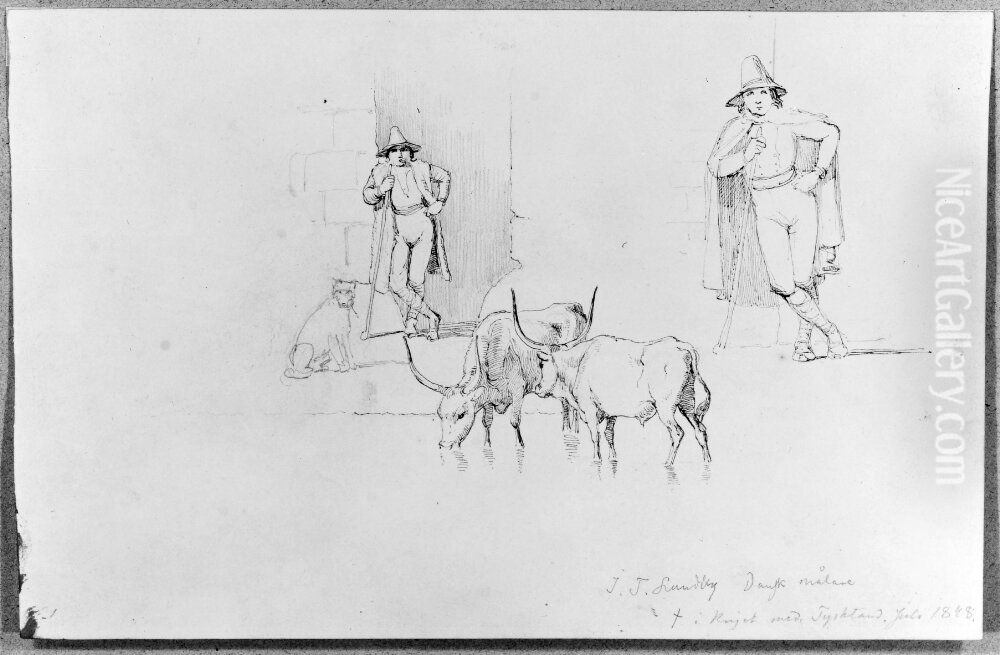 Herde med oxar Oil Painting by Johan Lundbye