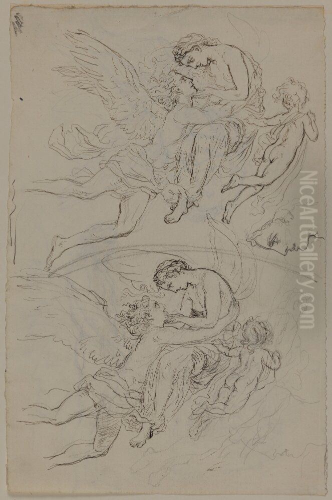 Svavande angel barande en kvinna, atfoljda av en kerub Oil Painting by Lorenz Frolich