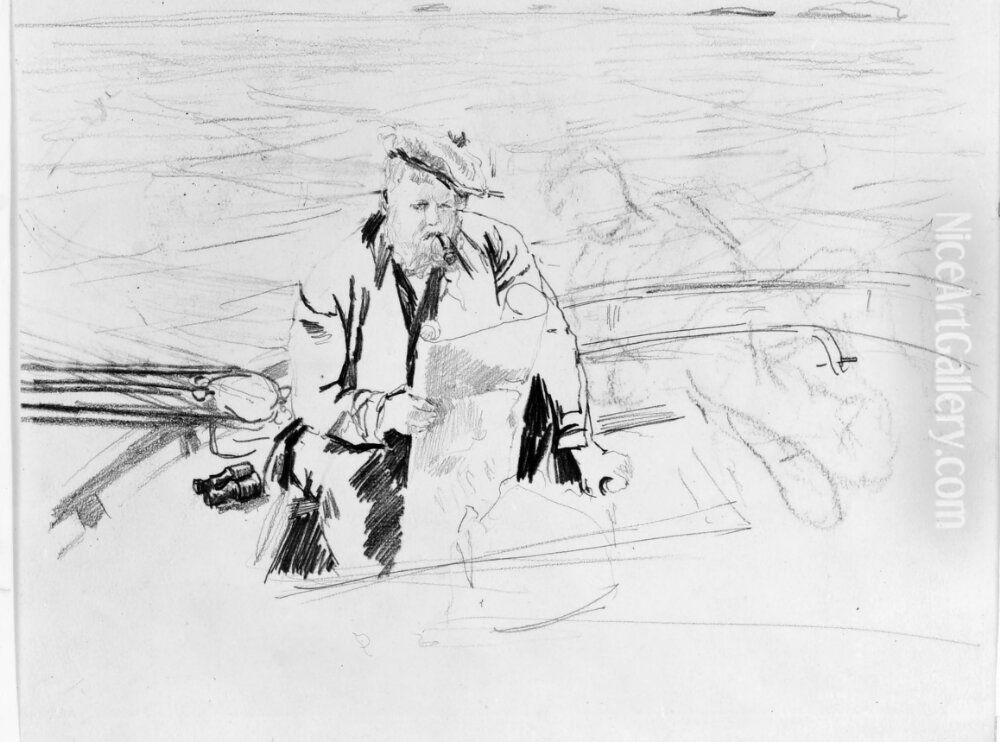 Konstnaren Fritz Thaulow vid rodret i en segelbat Oil Painting by Christian Krohg