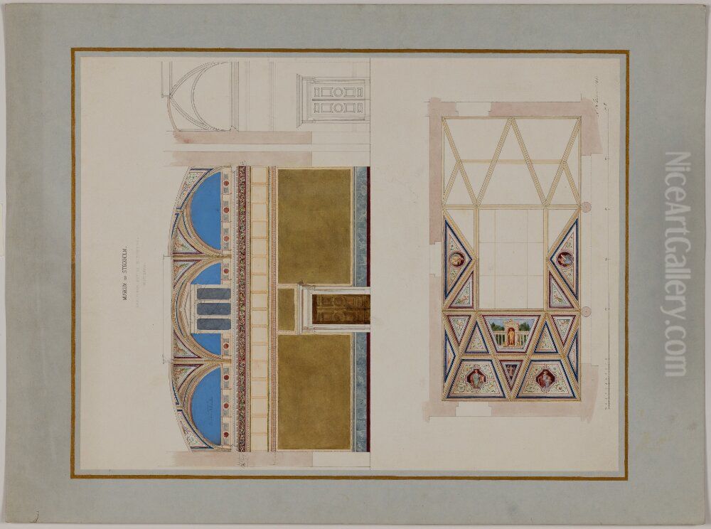 Longitudinal and transverse sections, Dome gallery, Upper floor (reproduction) Oil Painting by Friedrich August Stuler
