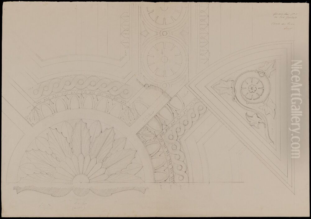 Nationalmuseum. Detaljskisser till dekorativ utsmyckning av taket i sal 1. bottenvaningen Oil Painting by Friedrich August Stuler