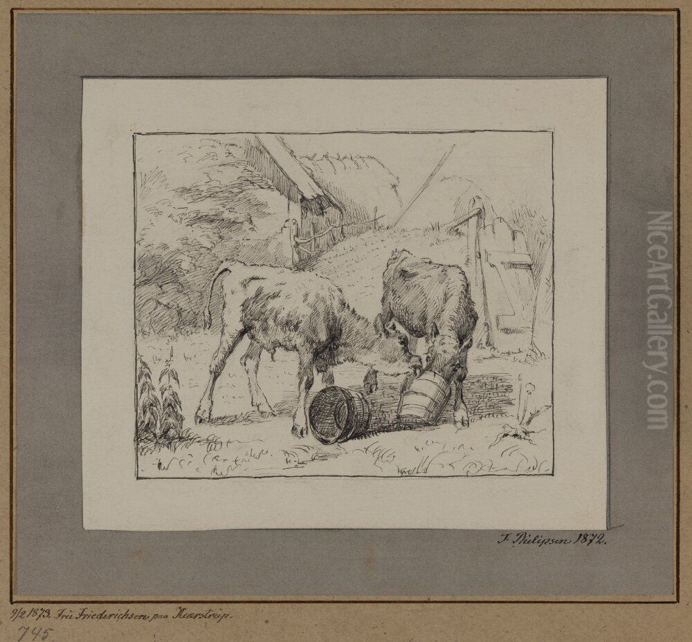 Tva kalvar med en mjolkspann Oil Painting by Theodor Esbern Philipsen