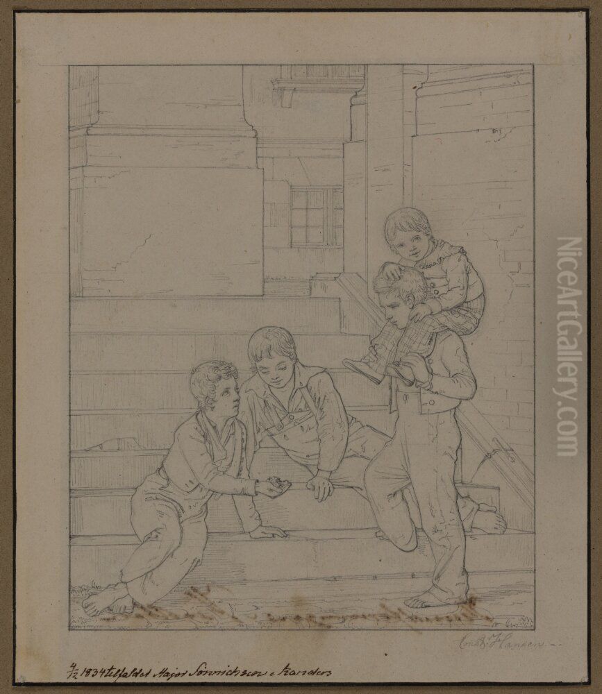 Gatpojke spelar tarning vid Kristiansborgs Slott Oil Painting by Constantin Hansen