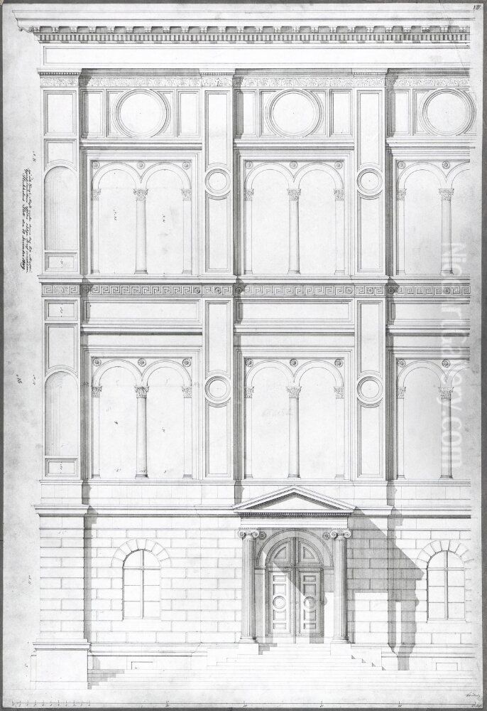 Nationalmuseum. Detaljforslag till huvudfasaden med entreportal Oil Painting by Friedrich August Stuler