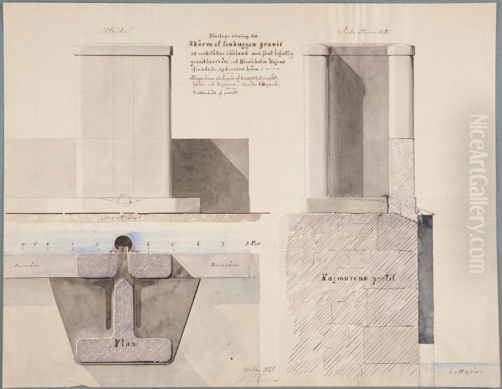 Nationalmuseum. Forslagsritning till skarm vid Blasieholmskajens sydvastra horn Oil Painting by Johan Adolf Hawerman