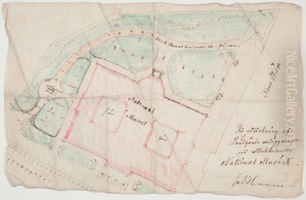 Nationalmuseum. Forslag till tradgardsanlaggning vid Nationalmuseum Oil Painting by Johan Adolf Hawerman