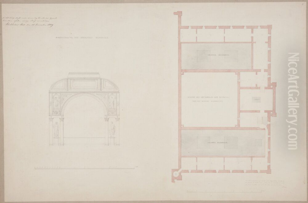 Nationalmuseum. Plan av halva entresolvan. + sektion av de ostl. utstallningssalarna Oil Painting by Friedrich August Stuler
