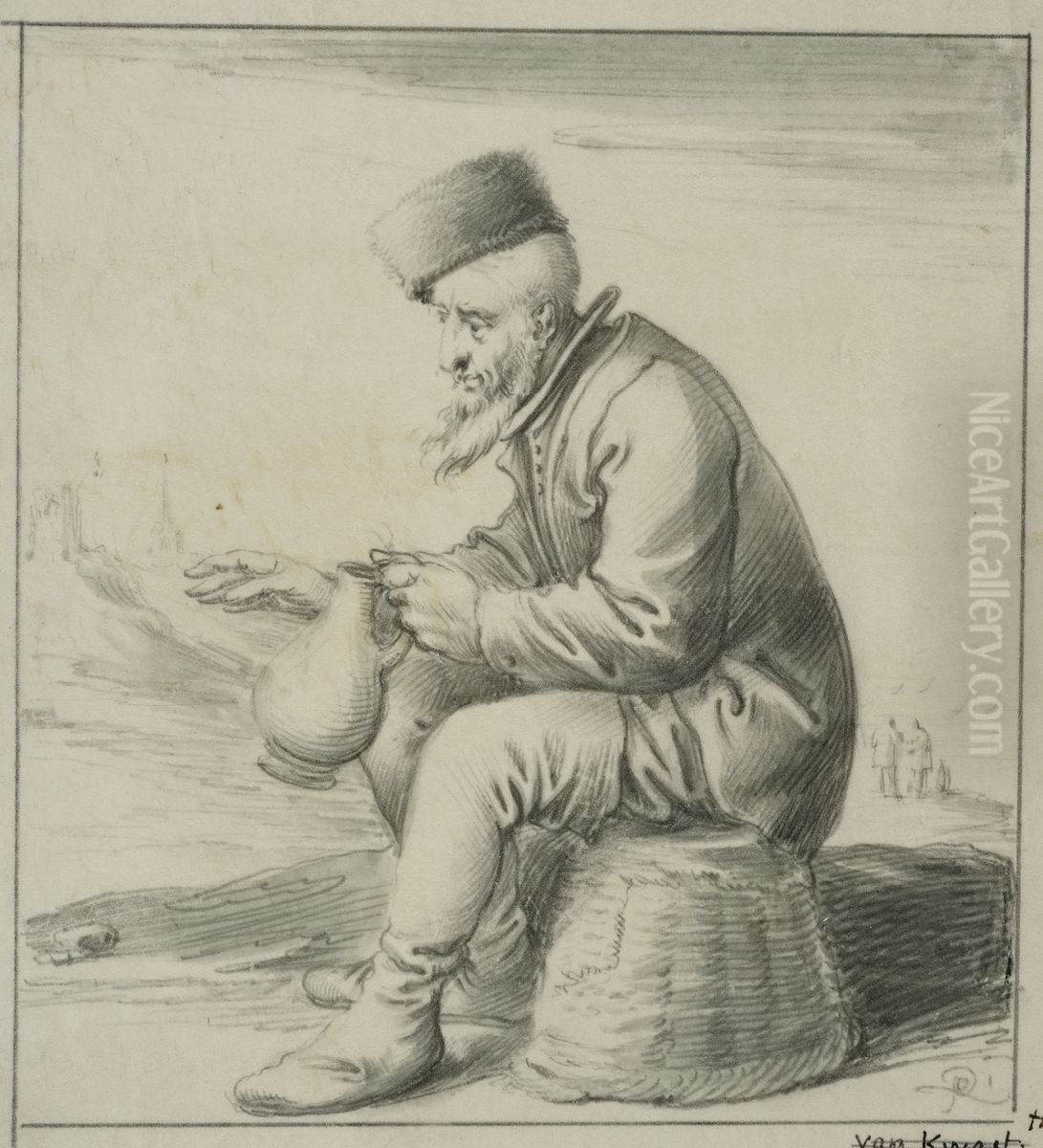 Aldre man sittande pa en upp-och nedvand korg Oil Painting by Pieter Quast