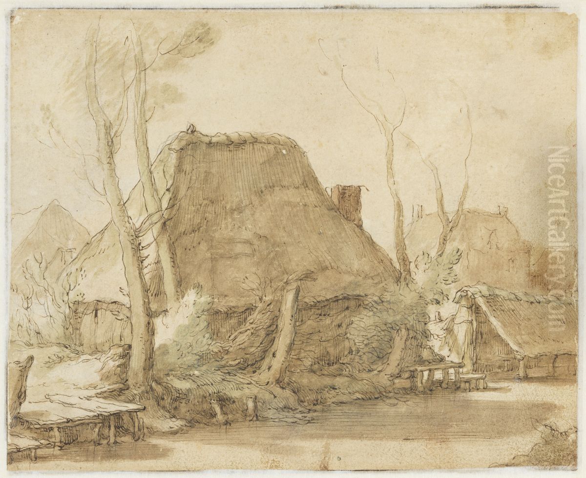 Bondkojor vid stranden av en flod; kring den nakna trad, stubbar och buskar, till vanster en liten brygga Oil Painting by Abraham Bloemaert