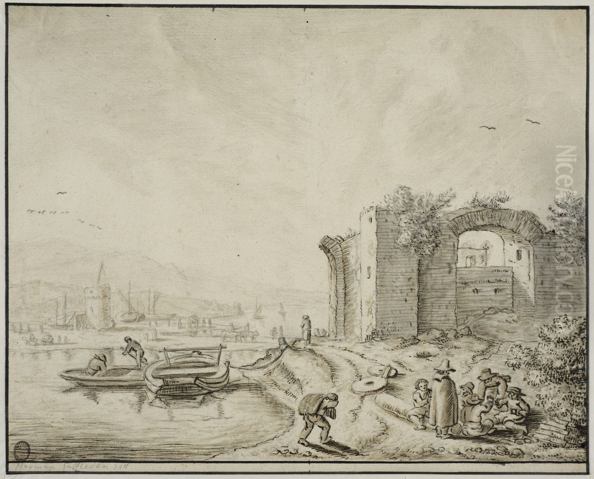 Hamn med ruiner Oil Painting by Herman Saftleven