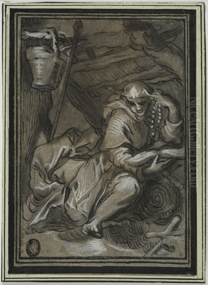 Munk lasande under ett vindskydd Oil Painting by Abraham Bloemaert