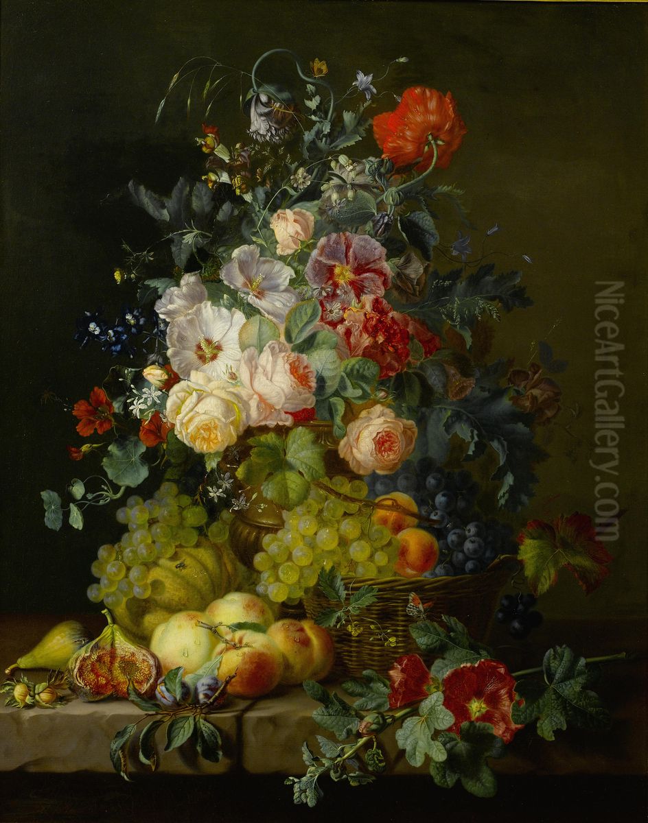 Still life of fruit and flowers on a ledge Oil Painting by Amalie Kaercher