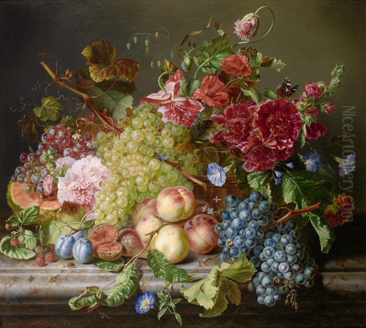 Still life with fruit and flowers on a ledge Oil Painting by Amalie Kaercher