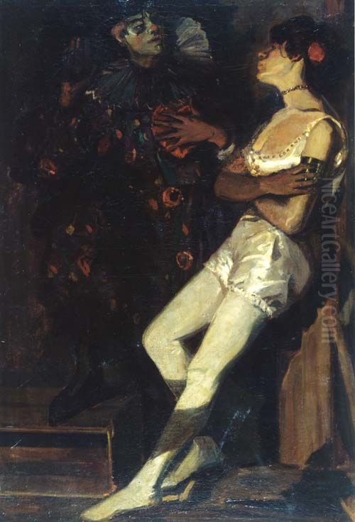 Stehende Artistin und Pierrot in einem abgedunkelten Raum Oil Painting by Amandus Faure