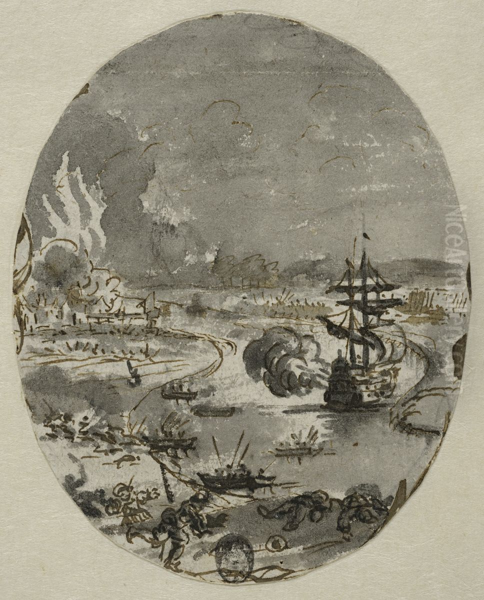 Flod med fartyg som beskjuter en brinnande stad Oil Painting by Romeyn de Hooghe