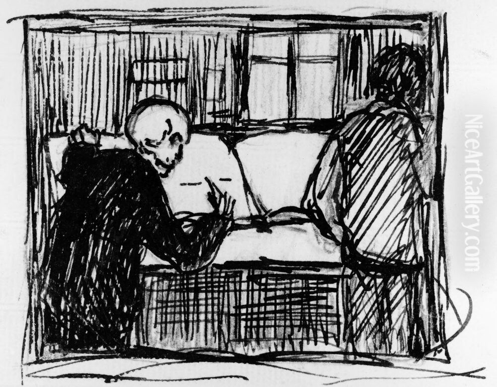 Doden skriver, skiss till exilbrist? Oil Painting by Hugo Simberg