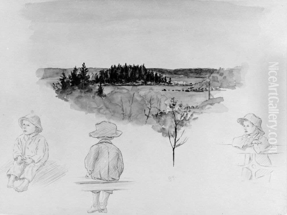 Landskapstudie fran Niemenlauta (Sakkijavi) samt barnstudier Oil Painting by Hugo Simberg