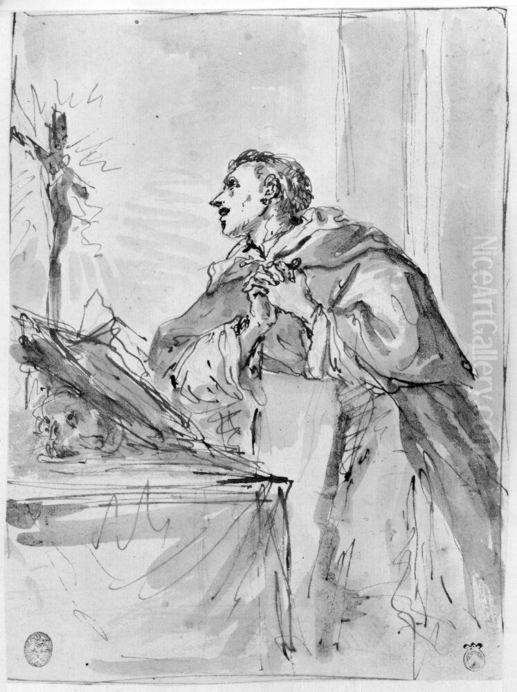 Monk Praying Before a Crucifix Wreathed in Light Oil Painting by Sebastiano Ricci