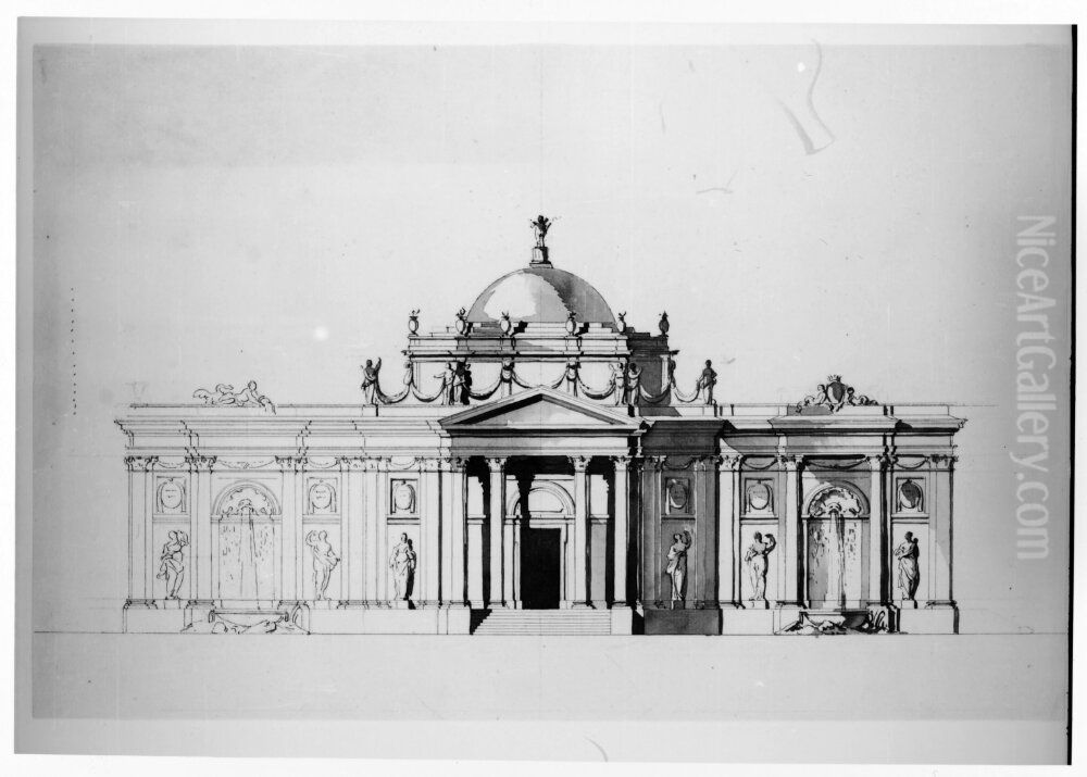 En vaningshus med kolonnburen tempelgavel och kupol Oil Painting by Jean Eric Rehn