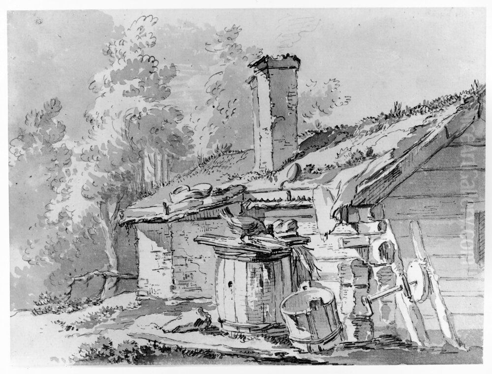 Torvtackt timerstuga Oil Painting by Jean Eric Rehn