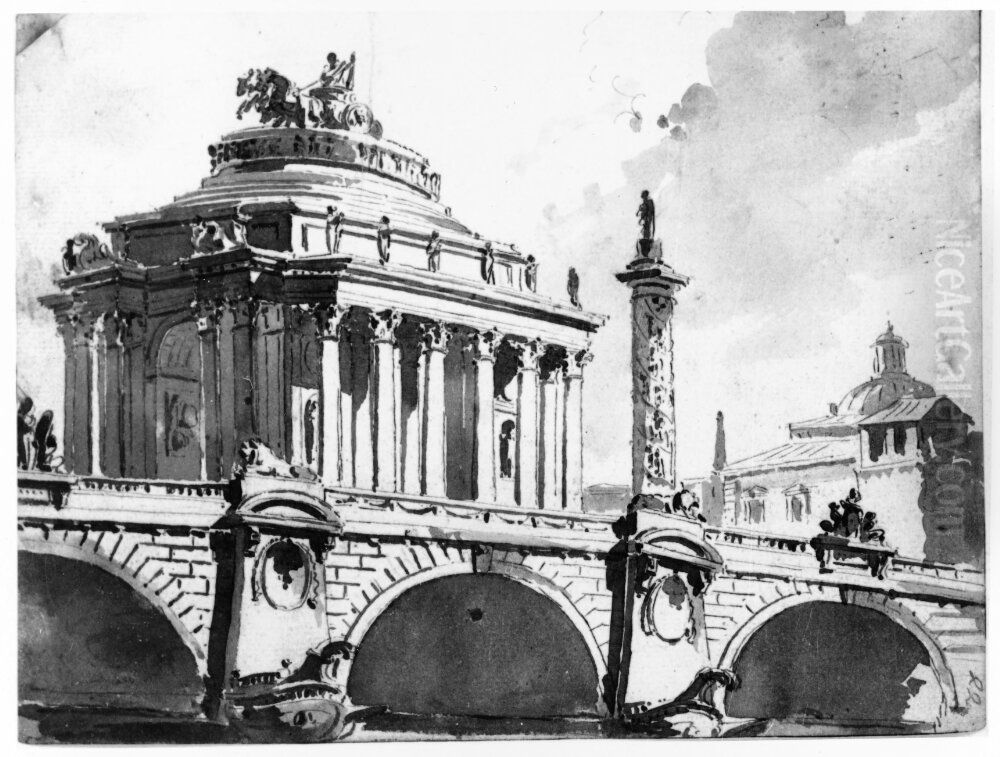 Bro med kolonnomgiven byggnad kront av fyrspann Oil Painting by Jean Eric Rehn