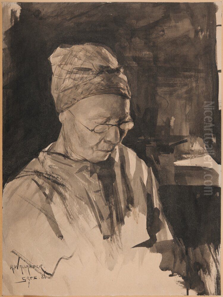 Aldre kvinna i glasogon, Grez Oil Painting by Alf, Alfred Wallander