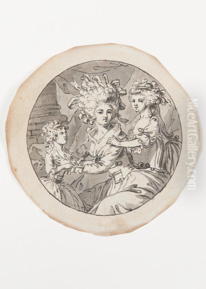 Mor med tva dottrar (studie till miniatyr) Oil Painting by Jean-Baptiste Jacques Augustin